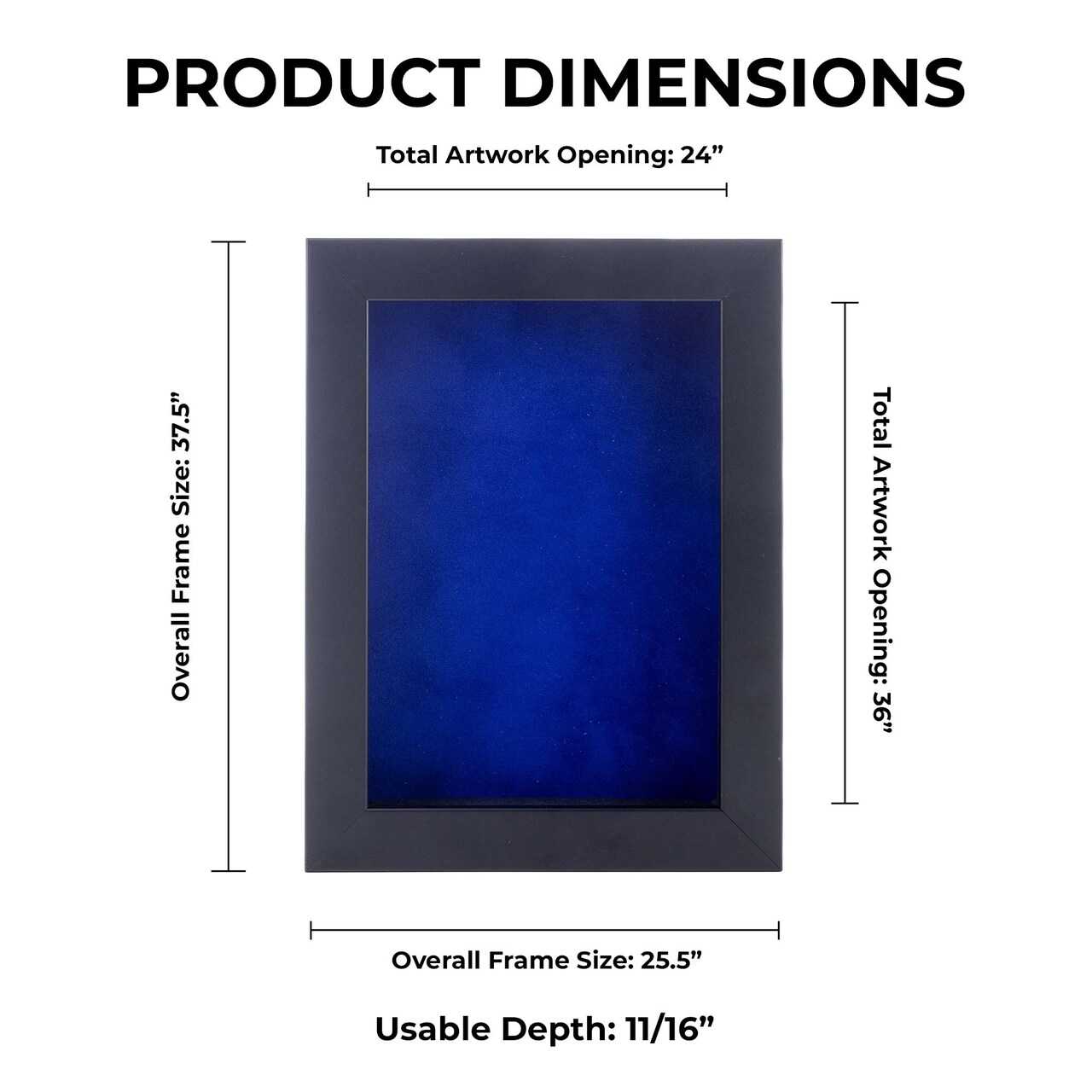 Classic Black Wood Shadown Box Frame with Acrylic Front - Royal Blue Suede Backing, 30 Sizes